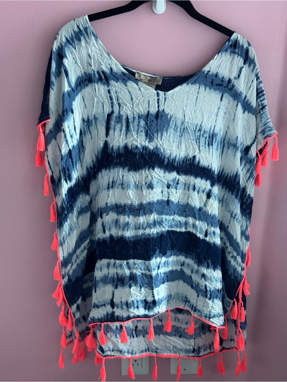 Boho Tie-Dye Navy & White Swim Coverup with Neon Pink Tassels